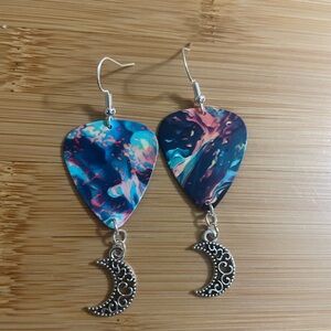 Abstract Blue and Pink Earrings with Silver Moon Charm
